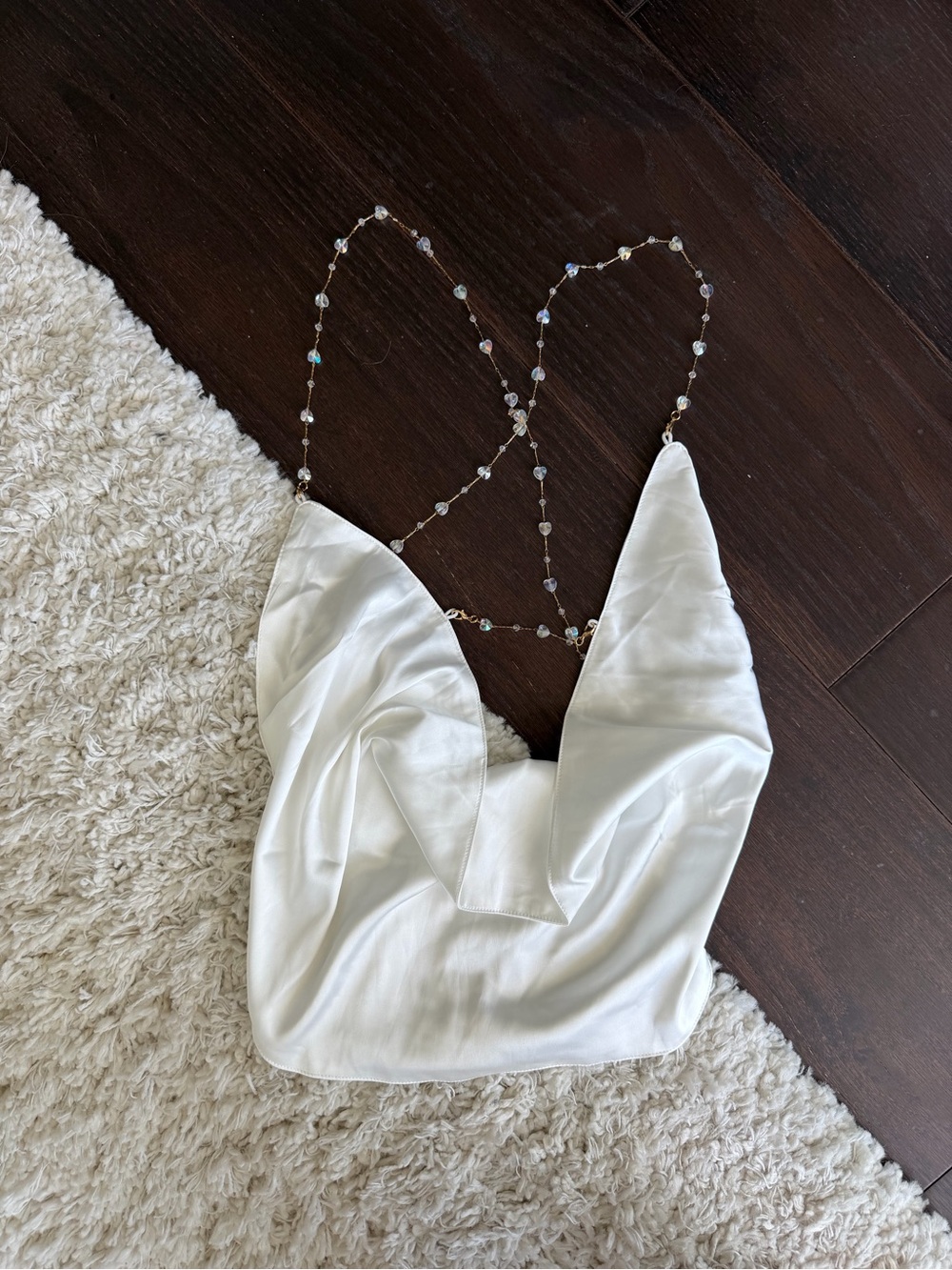 White Satin Cowl Neck Beaded Strap Backless Top